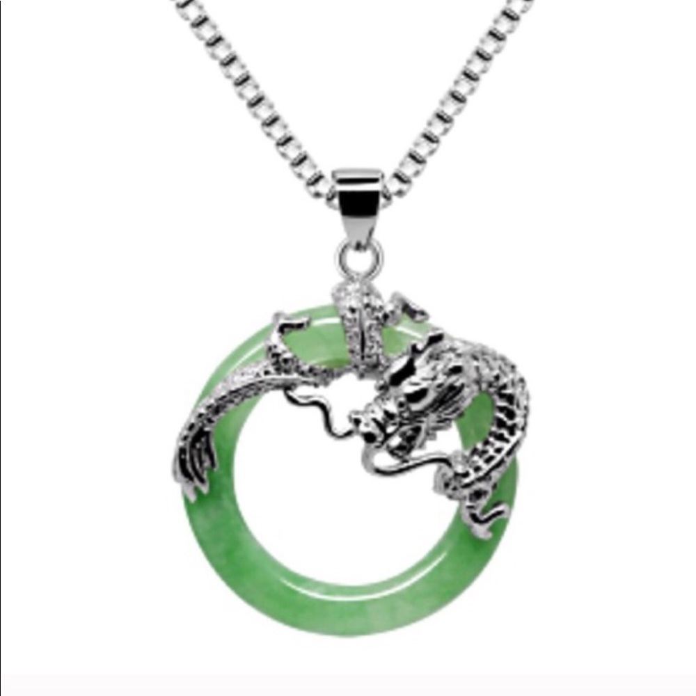 925 Silver Dragon Green Jade Necklace